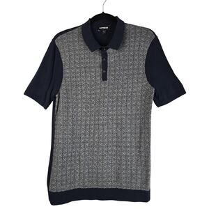 Express Polo Shirt Mens Medium Navy Gray Jacquard Knit Short Sleeve EXCN714B